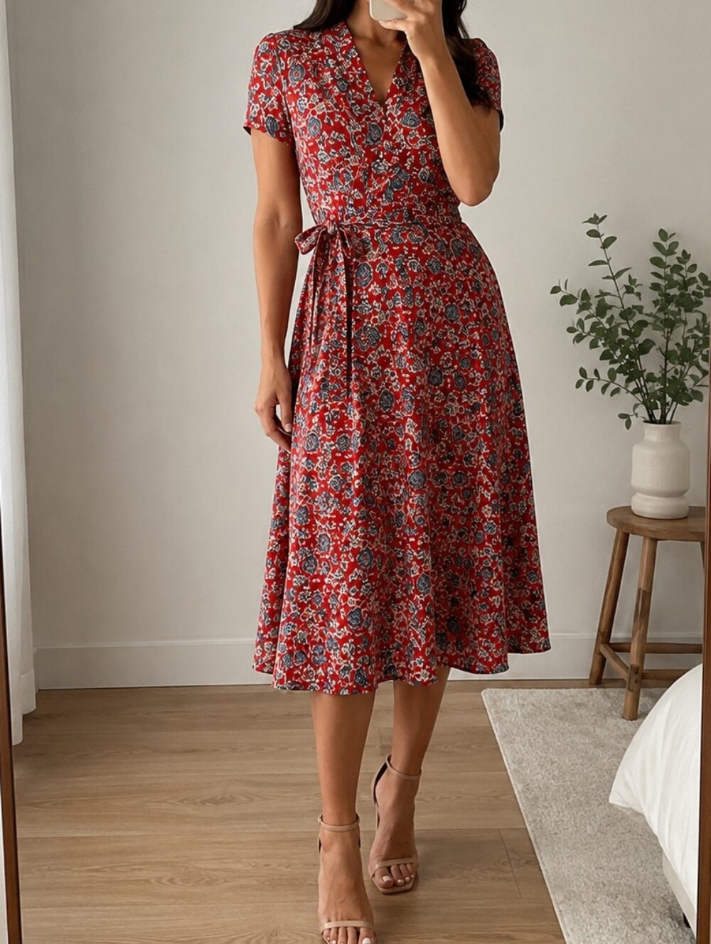 New Ralph Lauren Red Floral Wrap Midi Dress Size 10P